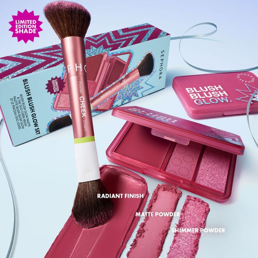 BLUSH BLUSH GLOW (SET DE RUBORES, ILUMINADOR Y BROCHA DOBLE)